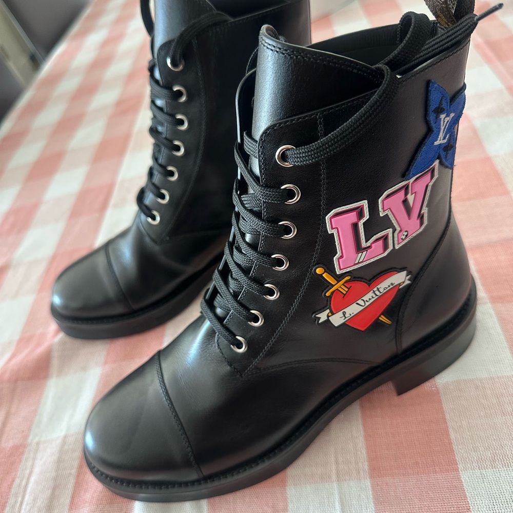 Louis Vuitton Black Combat Boots with Decorative Patches